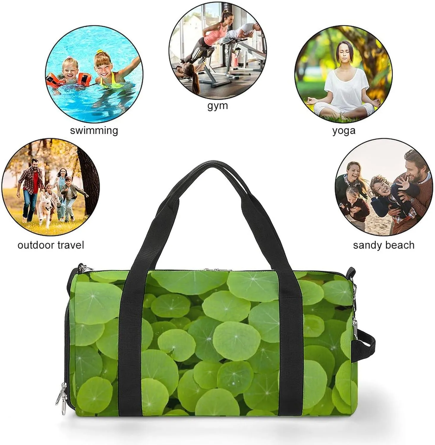 Round Green Leaves Sports Tote Gym Bag for Women Men, Overnight Bag with Shoe Compartment Water Resistant