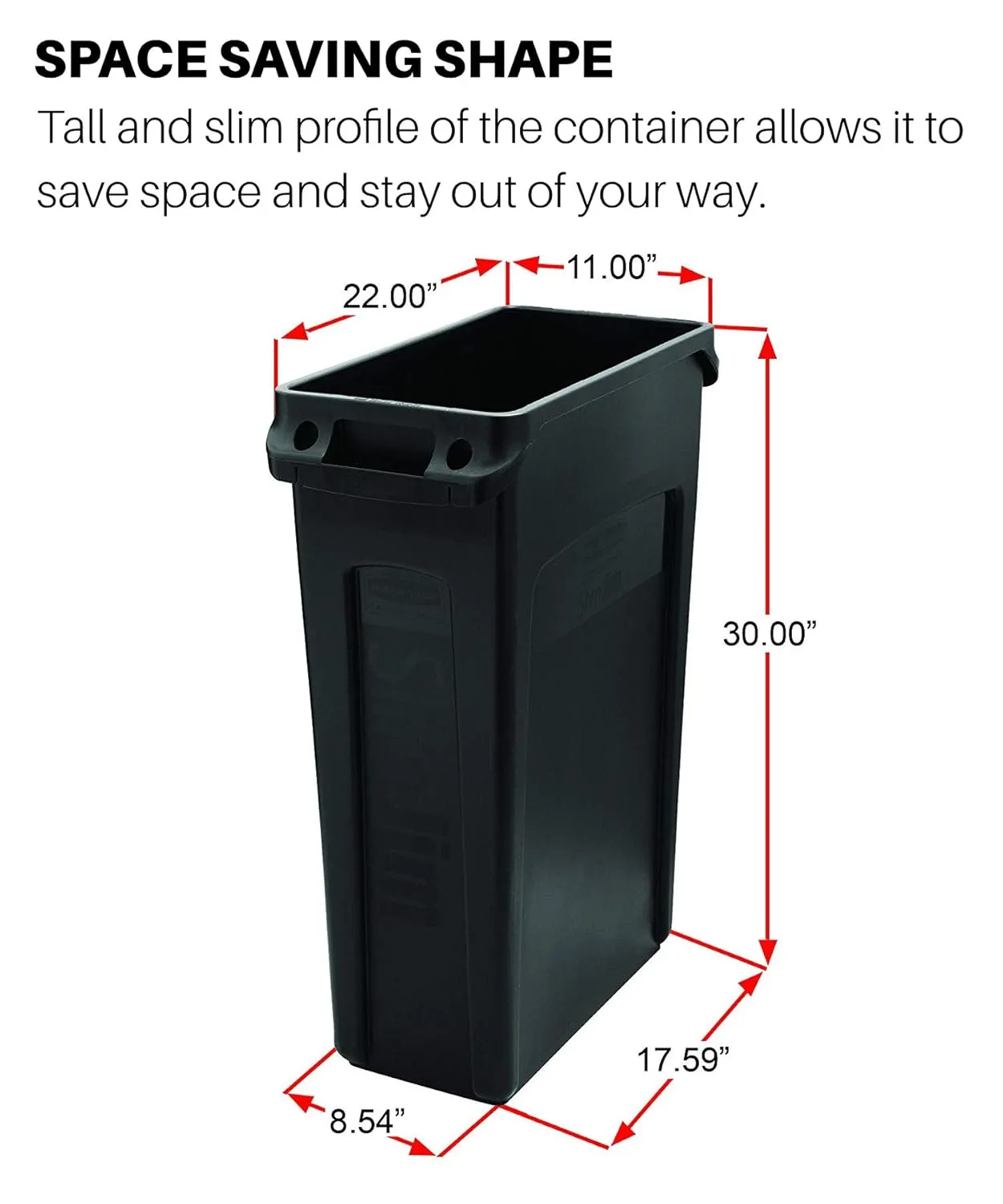 Rubbermaid Commercial Products Slim Jim Plastic Rectangular Trash/Garbage Can With Venting Channels, 23 Gal, Black, for Kitchen/Office/Workspace