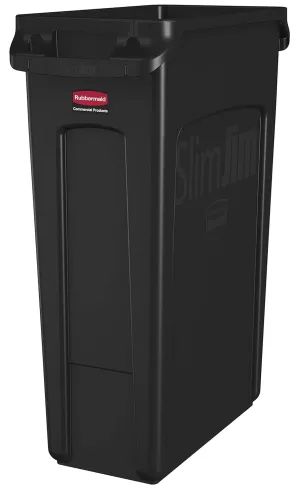 Rubbermaid Commercial Products Slim Jim Plastic Rectangular Trash/Garbage Can With Venting Channels, 23 Gal, Black, for Kitchen/Office/Workspace