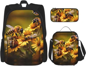 Rural Honey Bees Flowers Print 3 In 1 Set With Lunch Box Pencil Bag Backpack Set Computer Bag Casual For Gym Beach Travel, Black
