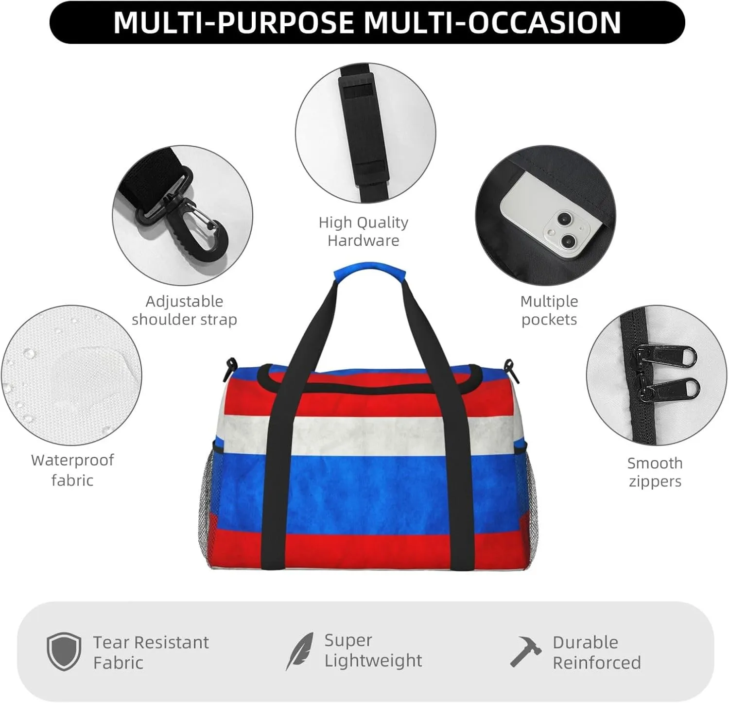 Russia Grungy Flag Travel Duffel Bag Large Foldable Waterproof Overnight Bag For Beach Swim Bags Pool Sports Gym