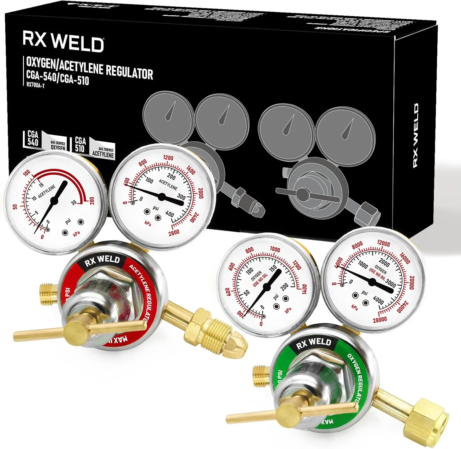 RX WELD Oxygen and Acetylene Regulators CGA540 and CGA510- Compatible with V-Style Welding Gas Torch Cutting, T-Handle