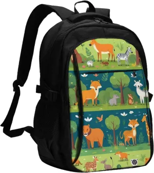 Safari Animals Printed Backpack,Travel Laptop Backpack for Men Women with USB Charger Port