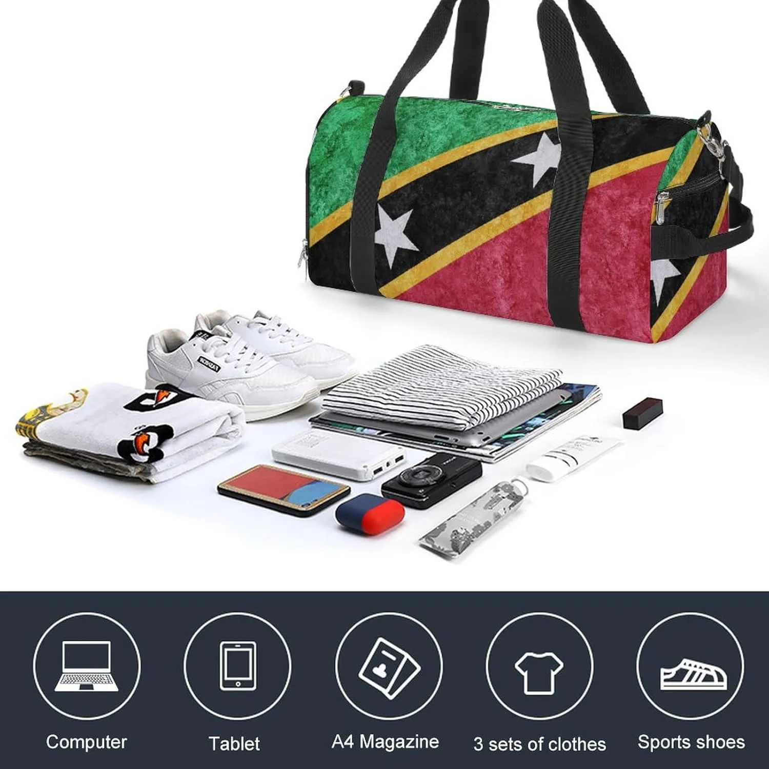Saint Kitts Flag Textured Sports Duffel with Shoe Compartment and Wet Pocket for Travel Gym