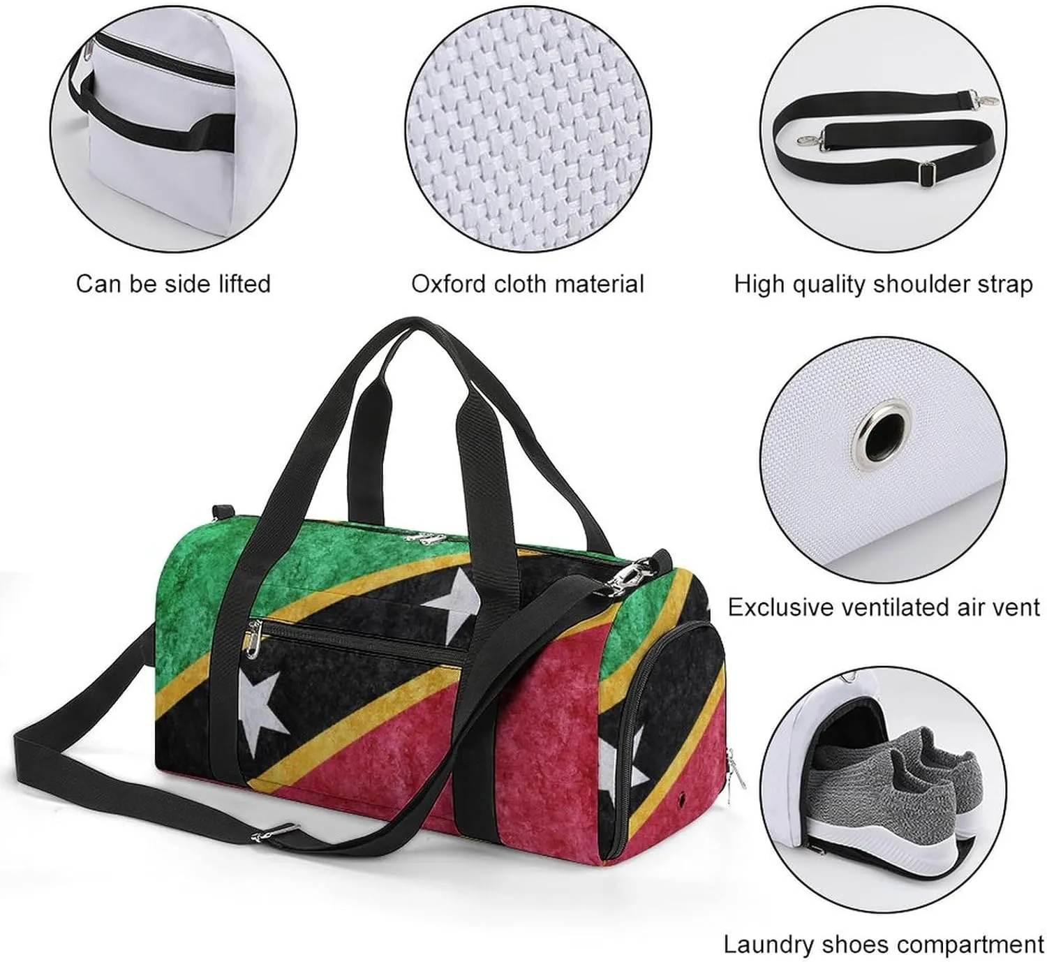 Saint Kitts Flag Textured Sports Duffel with Shoe Compartment and Wet Pocket for Travel Gym
