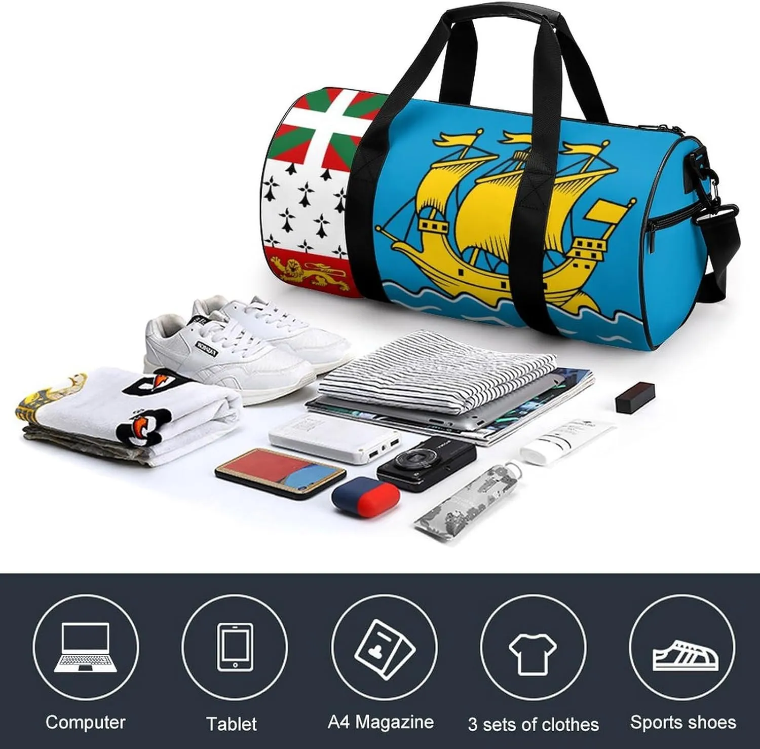 Saint Pierre Miquelon Flag Sports Duffle Bag with Dry Wet Separation Overnight Gym Bag for Men Women Travel