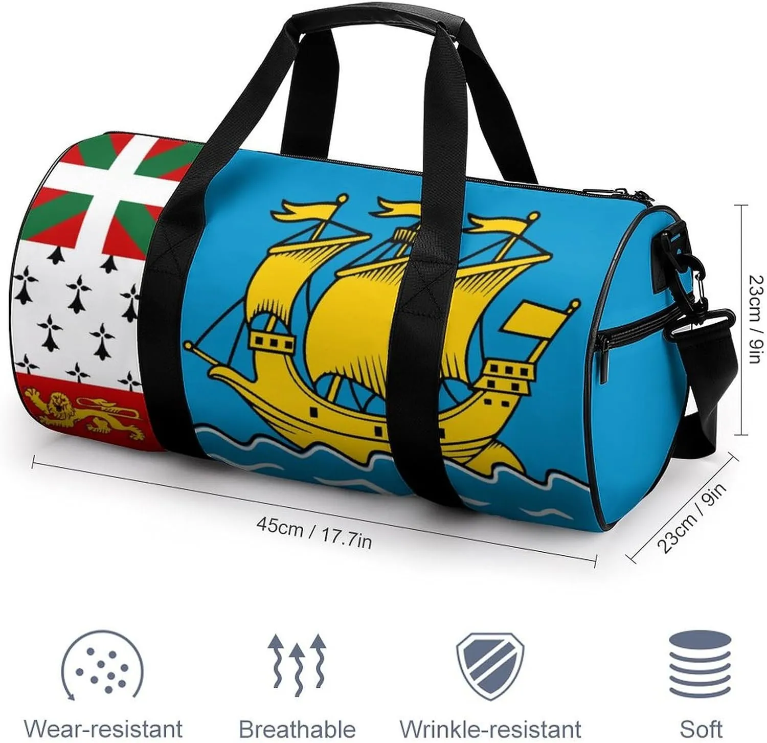 Saint Pierre Miquelon Flag Sports Duffle Bag with Dry Wet Separation Overnight Gym Bag for Men Women Travel