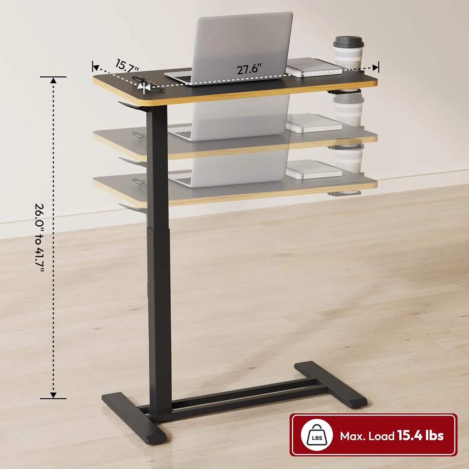 SANODESK Medical Adjustable Overbed Bedside Table with Hidden Casters, Pneumatic Mobile Laptop Computer Standing Desk Cart with Tray, Hospital and Home Use(27.6" W x 15.7" D, Black)