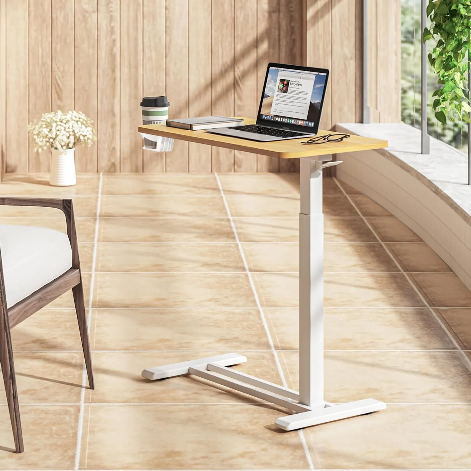 SANODESK Medical Adjustable Overbed Bedside Table with Hidden Casters, Pneumatic Mobile Laptop Computer Standing Desk Cart with Tray, Hospital and Home Use(27.6" W x 15.7" D, Maple)