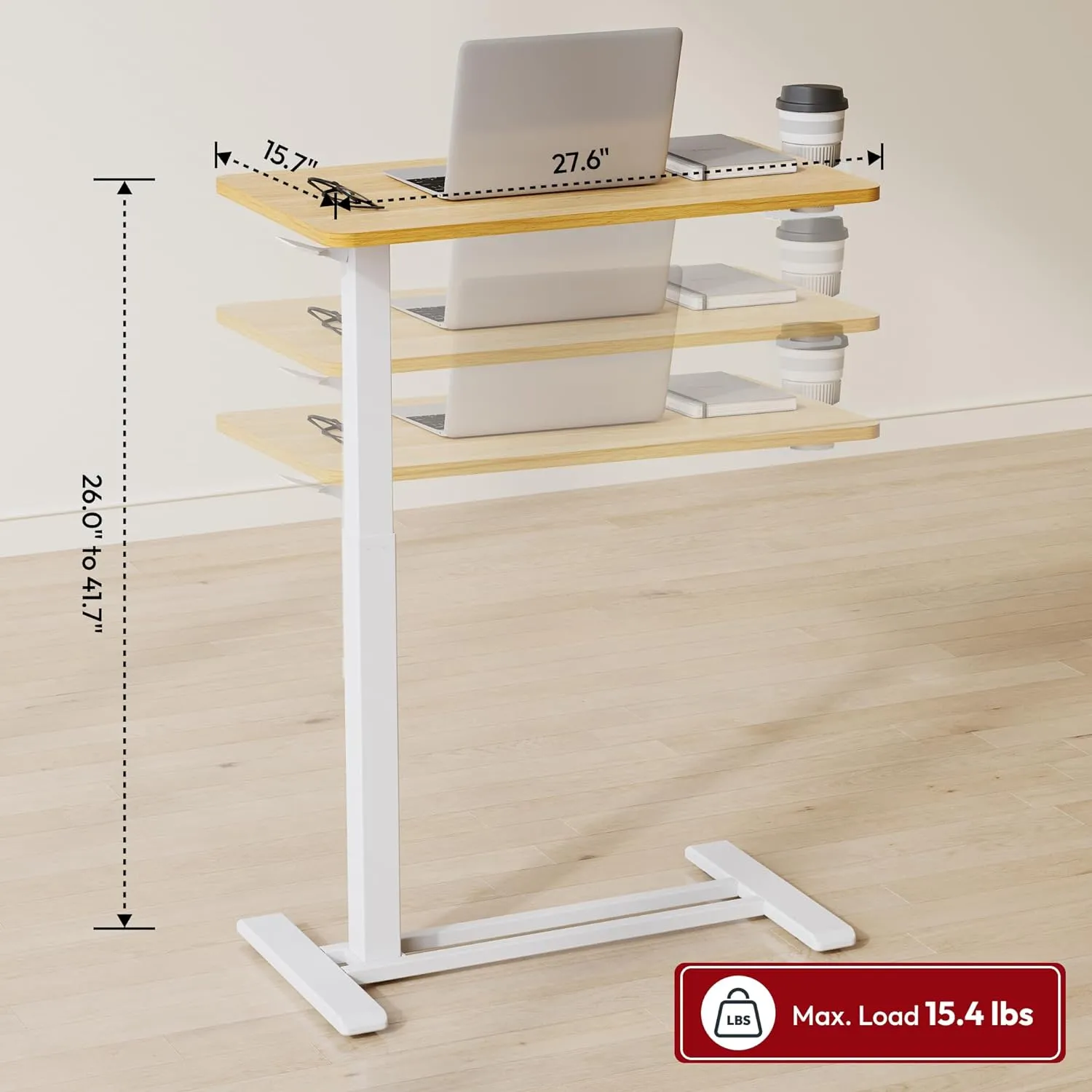 SANODESK Medical Adjustable Overbed Bedside Table with Hidden Casters, Pneumatic Mobile Laptop Computer Standing Desk Cart with Tray, Hospital and Home Use(27.6" W x 15.7" D, Maple)