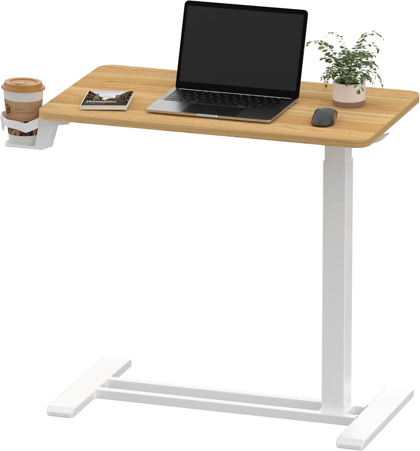 SANODESK Medical Adjustable Overbed Bedside Table with Hidden Casters, Pneumatic Mobile Laptop Computer Standing Desk Cart with Tray, Hospital and Home Use(27.6" W x 15.7" D, Maple)