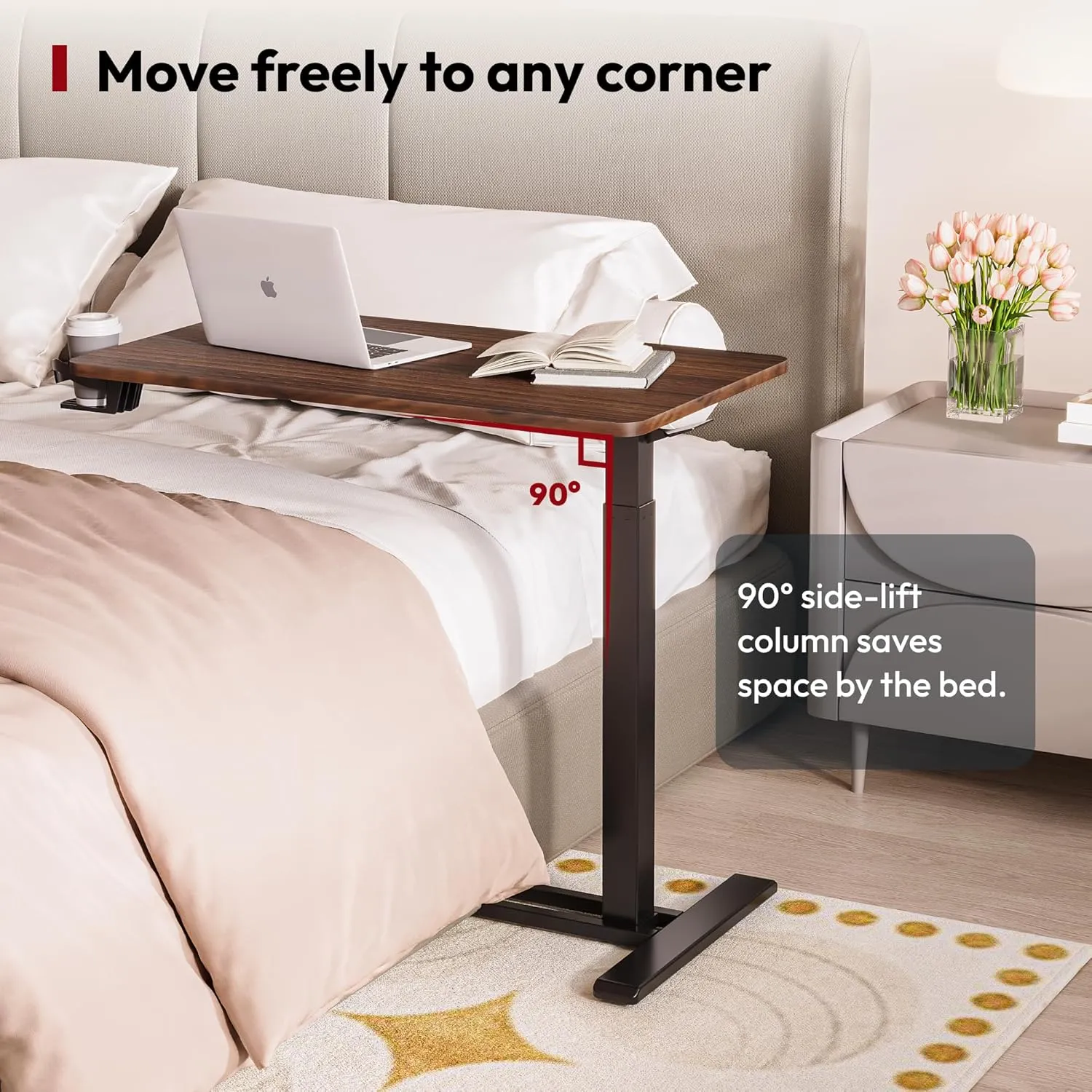 SANODESK Medical Adjustable Overbed Bedside Table with Hidden Casters, Pneumatic Mobile Laptop Computer Standing Desk Cart with Tray, Hospital and Home Use(27.6" W x 15.7" D, Walnut)