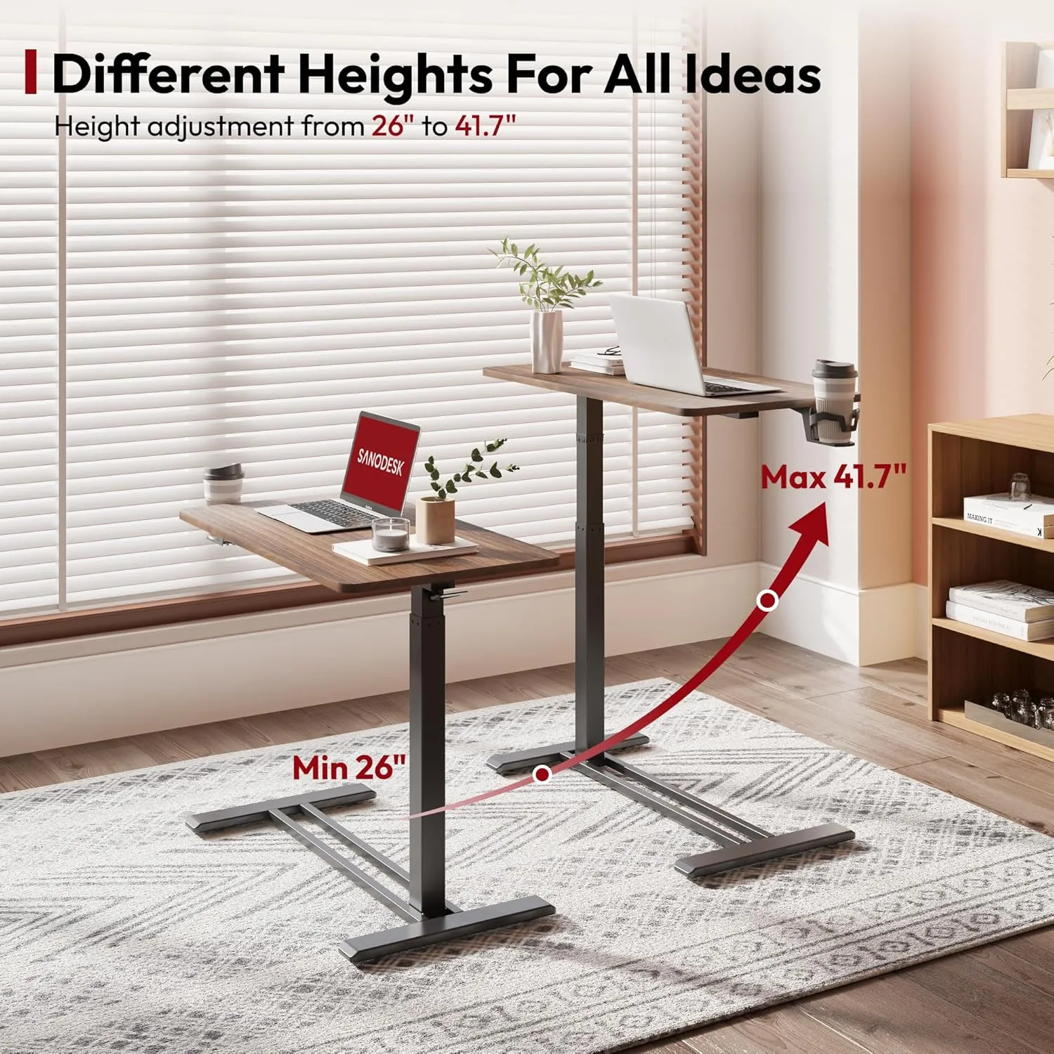 SANODESK Medical Adjustable Overbed Bedside Table with Hidden Casters, Pneumatic Mobile Laptop Computer Standing Desk Cart with Tray, Hospital and Home Use(27.6" W x 15.7" D, Walnut)