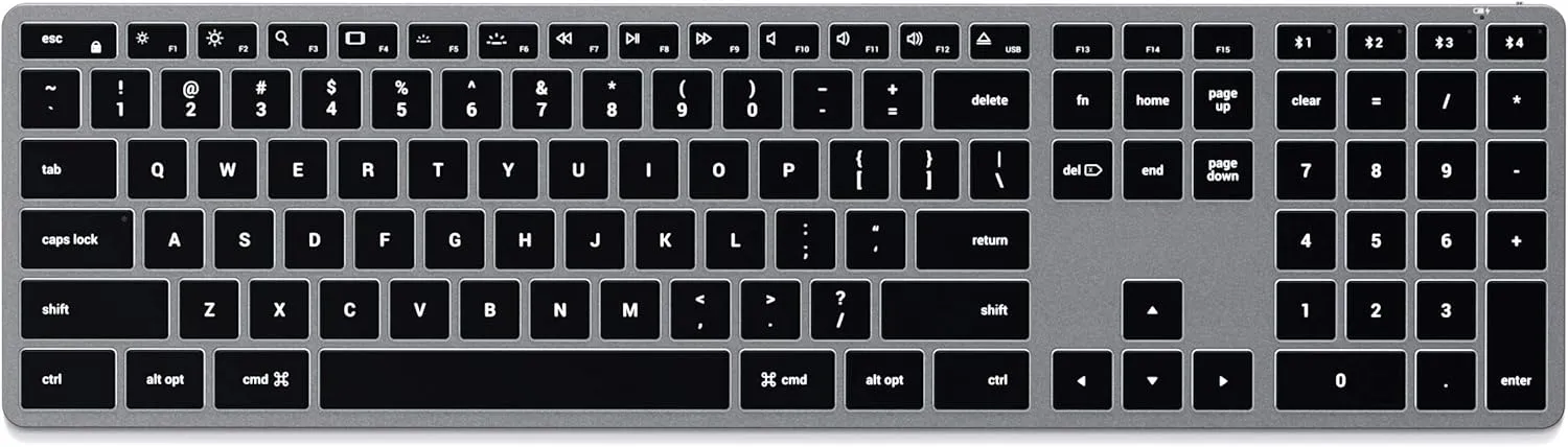 Satechi Slim X3 Bluetooth Backlit Keyboard with Numeric Keypad – Illuminated Keys & Multi-Device Sync – for M2/ M1 MacBook Pro/Air, M2/ M1 iPad Pro/Air, M2 Mac Mini, iMac M1 (Space Gray)