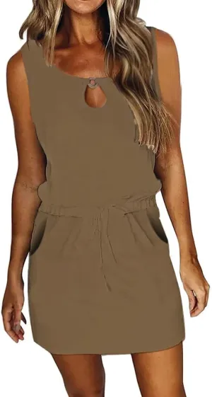 SAUKOLE Womens Summer Causal Loose Sleeveless Crew Neck Drawstring Waist Mini Short Dress with Pockets