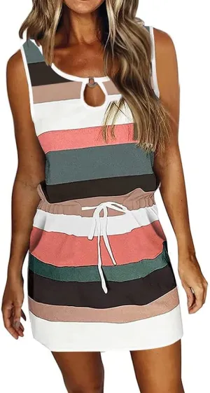 SAUKOLE Womens Summer Causal Loose Sleeveless Crew Neck Drawstring Waist Mini Short Dress with Pockets