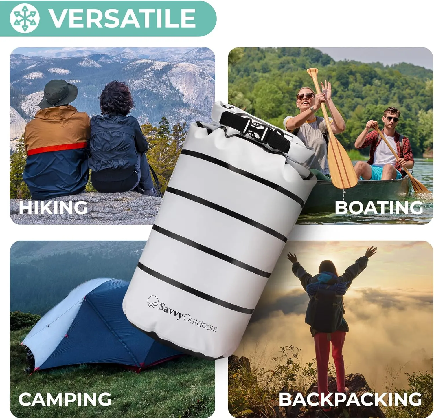Savvy Outdoors Waterproof Dry Bag - Dry Bags for Food & Gear, Stuff Sacks for Backpacking and Camping Equipment, Waterproof Bag for Beach, Boating, Kayaking (20L, Stripe)