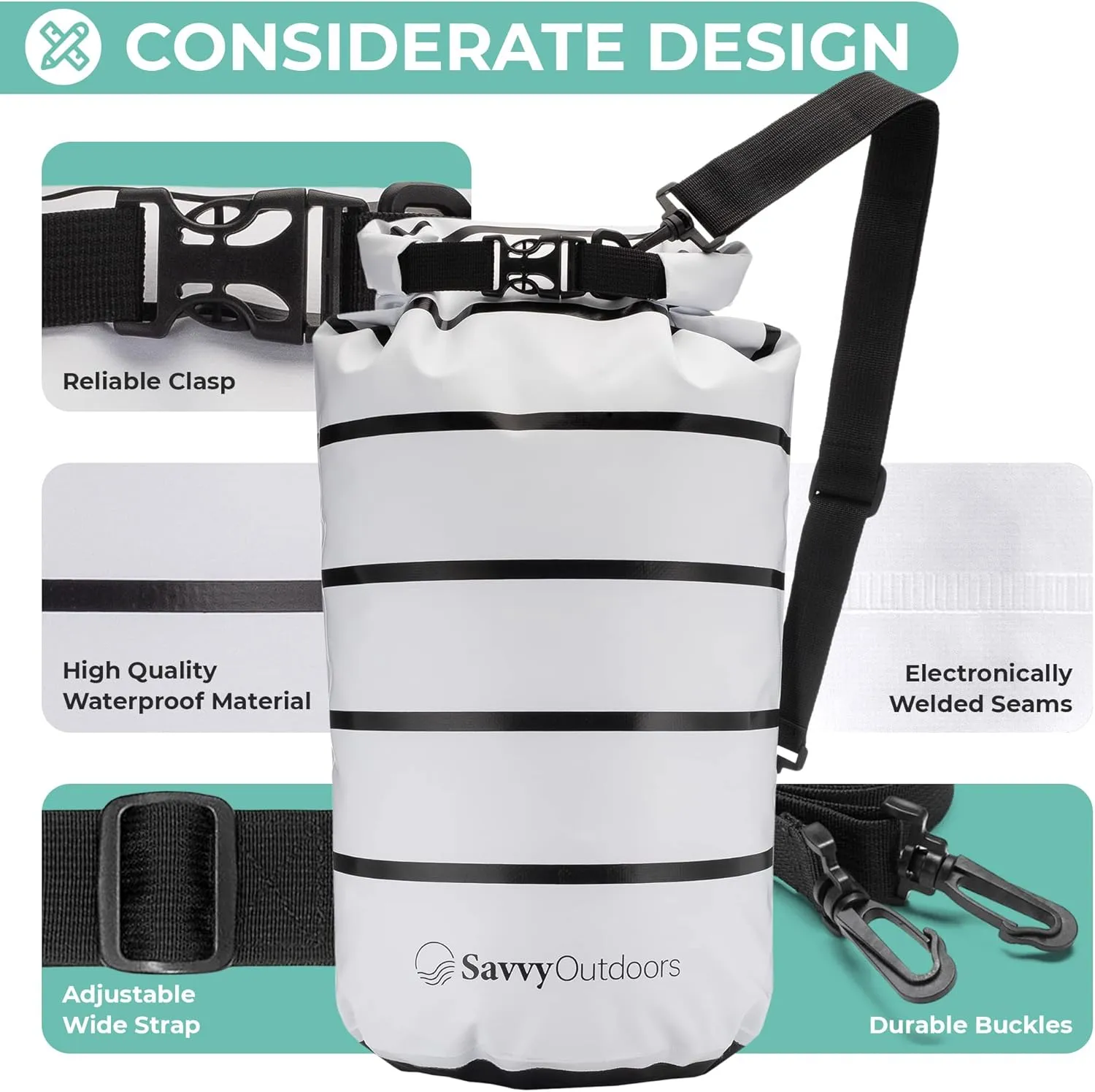 Savvy Outdoors Waterproof Dry Bag - Dry Bags for Food & Gear, Stuff Sacks for Backpacking and Camping Equipment, Waterproof Bag for Beach, Boating, Kayaking (20L, Stripe)