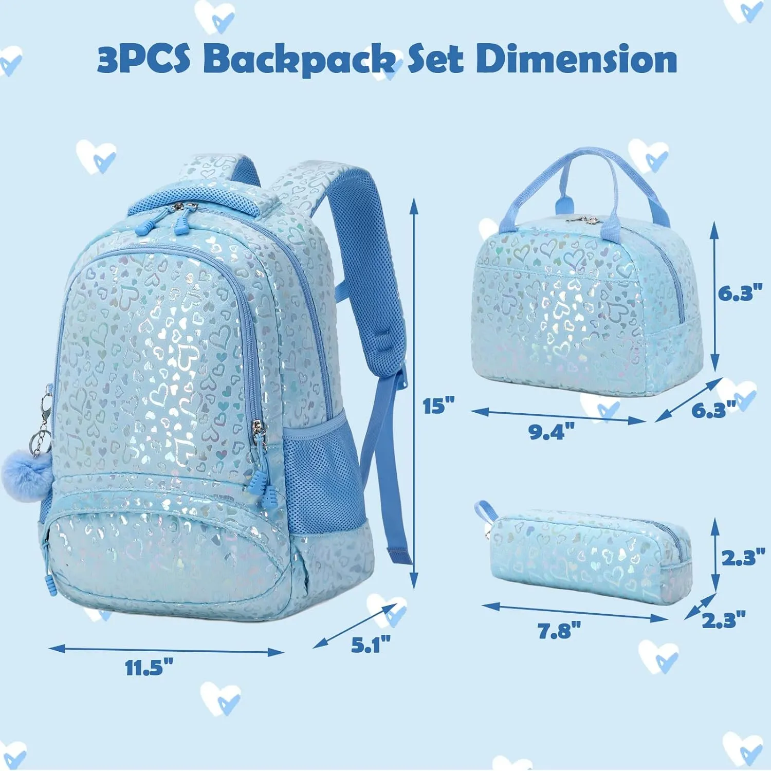 School Backpack for Girls, 3PCS Backpack Set with Lunch Box Pencil Case for Preschool Elementary High School Kids Teens