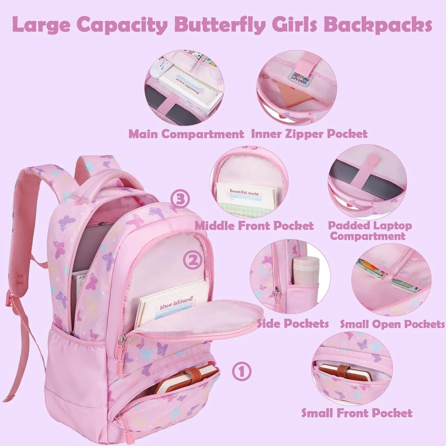 School Backpack for Girls, 3PCS Backpack Set with Lunch Box Pencil Case for Preschool Elementary High School Kids Teens