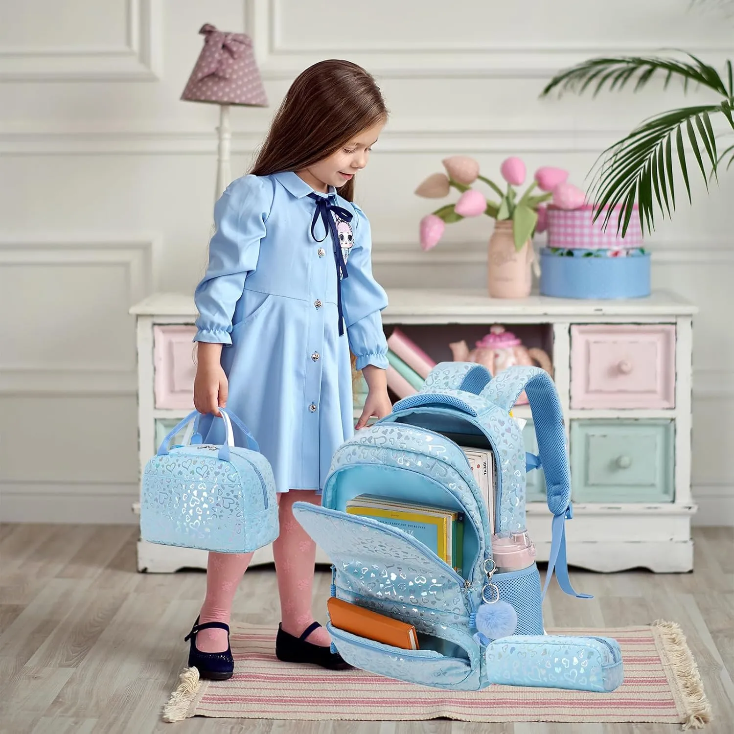 School Backpack for Girls, 3PCS Backpack Set with Lunch Box Pencil Case for Preschool Elementary High School Kids Teens