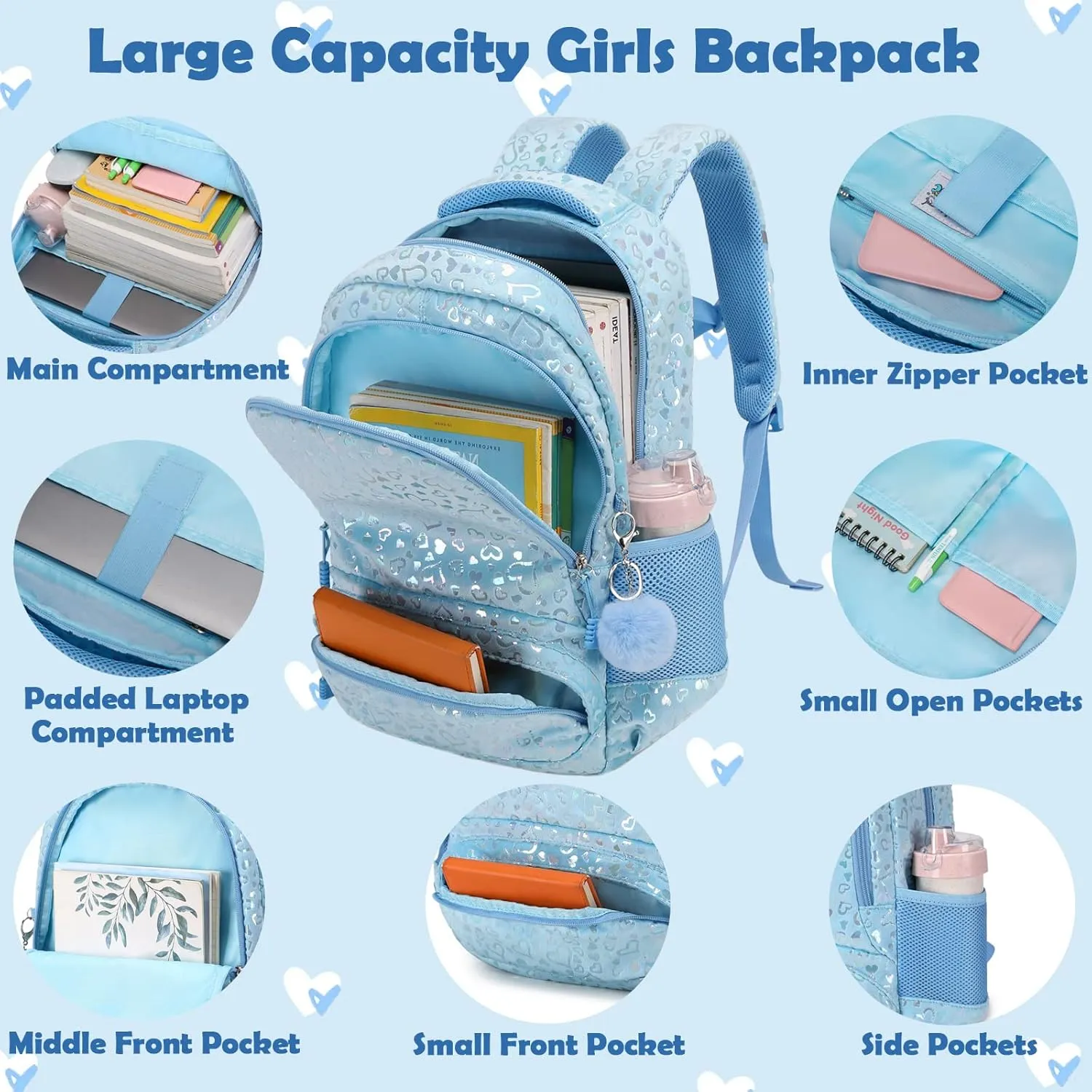 School Backpack for Girls, 3PCS Backpack Set with Lunch Box Pencil Case for Preschool Elementary High School Kids Teens