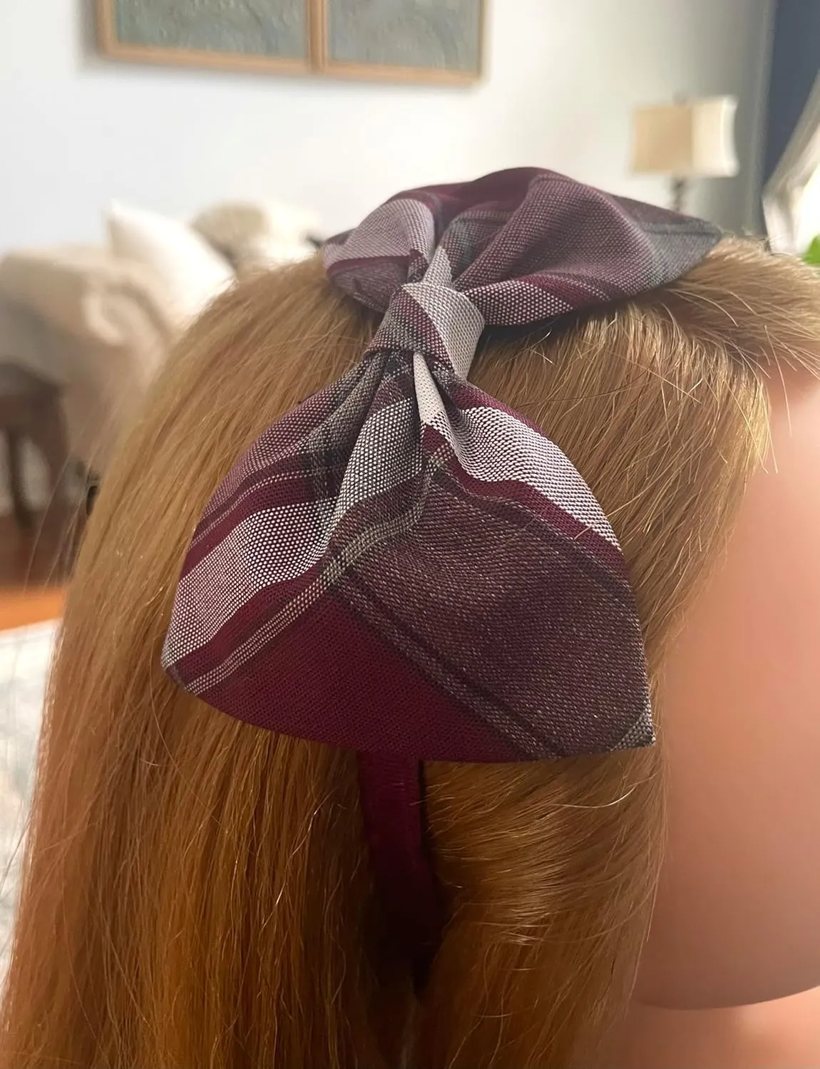School Headband, Plaid bow headband, back to school, available in variety of school plaids (Plaid 54 Burgundy white light Gray, Regular)