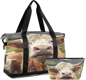 Scottish Cattle Gym Bag - Weekender Overnight Bags for Women Men, Sport Travel Duffel Bag with Wet Pocket & Shoe Compartment