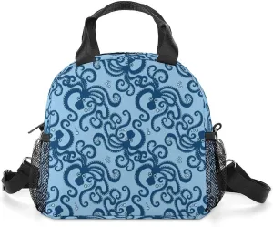 Sea Pattern with O-ctopus Portable Lunch Box Crossbody Bag Tote Insulated with Adjustable Strap Work Beach Picnic