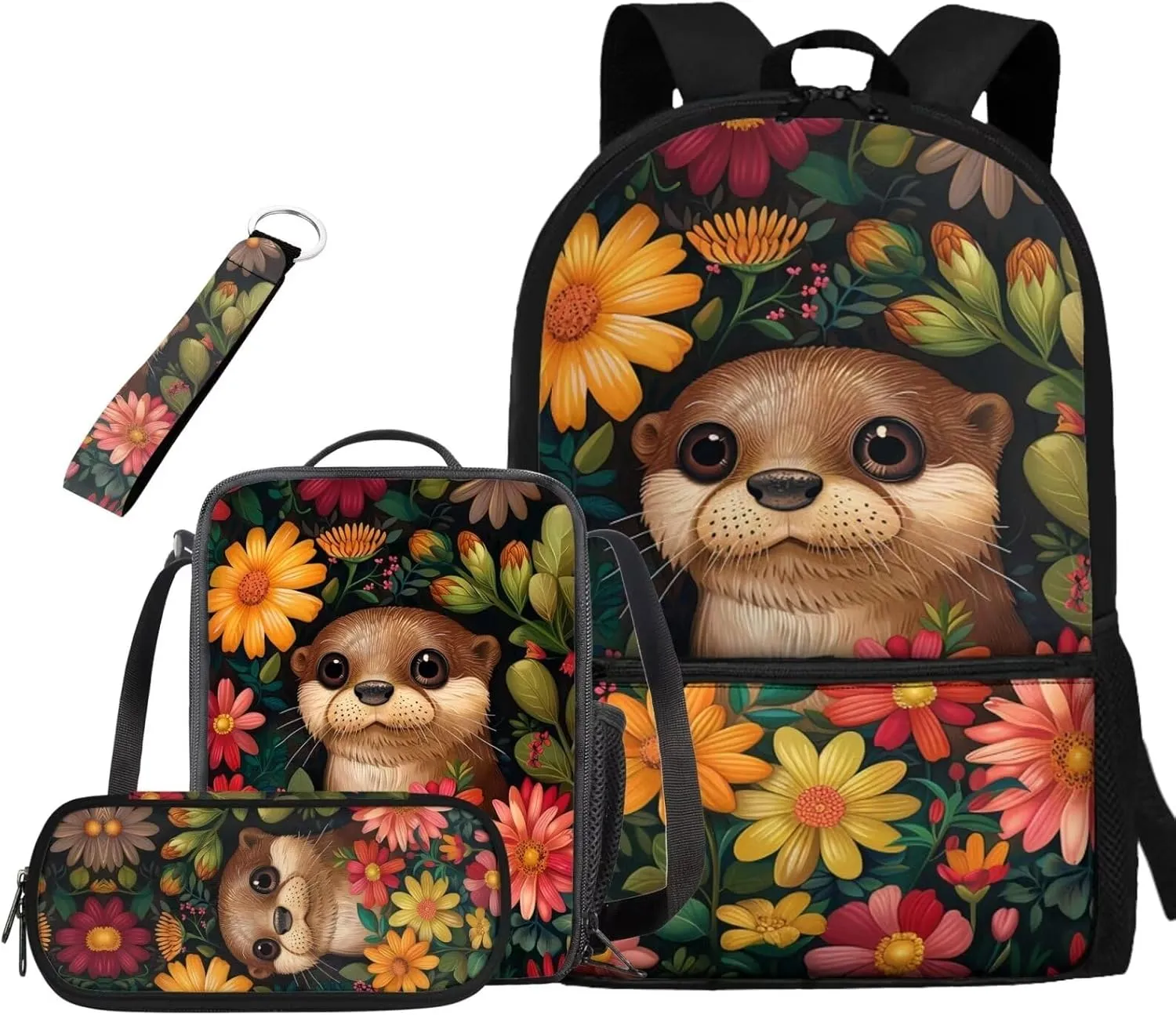 Seal Print Backpack with Lunch Box for Girls Grades 3 to 8 Large Capacity Waterproof Insulated Lunch Bag and Pencil Case for School Students