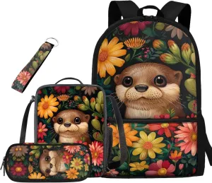 Seal Print Backpack with Lunch Box for Girls Grades 3 to 8 Large Capacity Waterproof Insulated Lunch Bag and Pencil Case for School Students