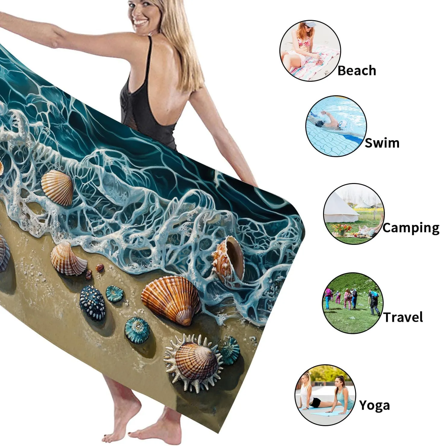 Seashell Microfiber Beach Towel Ocean Blue Nautical Design Quick Dry Soft Sand Free Beach Blanket, Pool Picnic Essentials 62x31 Inch