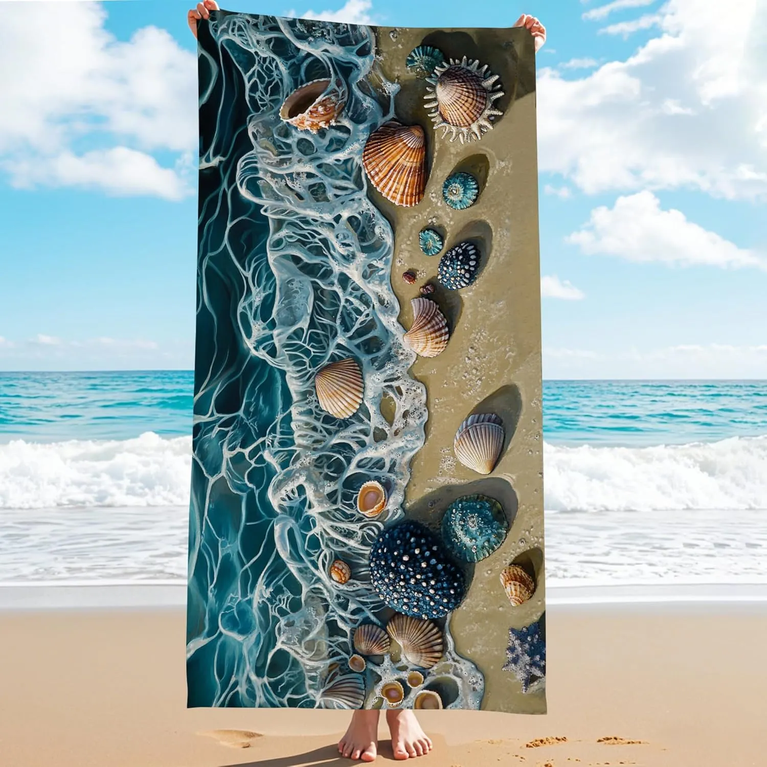 Seashell Microfiber Beach Towel Ocean Blue Nautical Design Quick Dry Soft Sand Free Beach Blanket, Pool Picnic Essentials 62x31 Inch