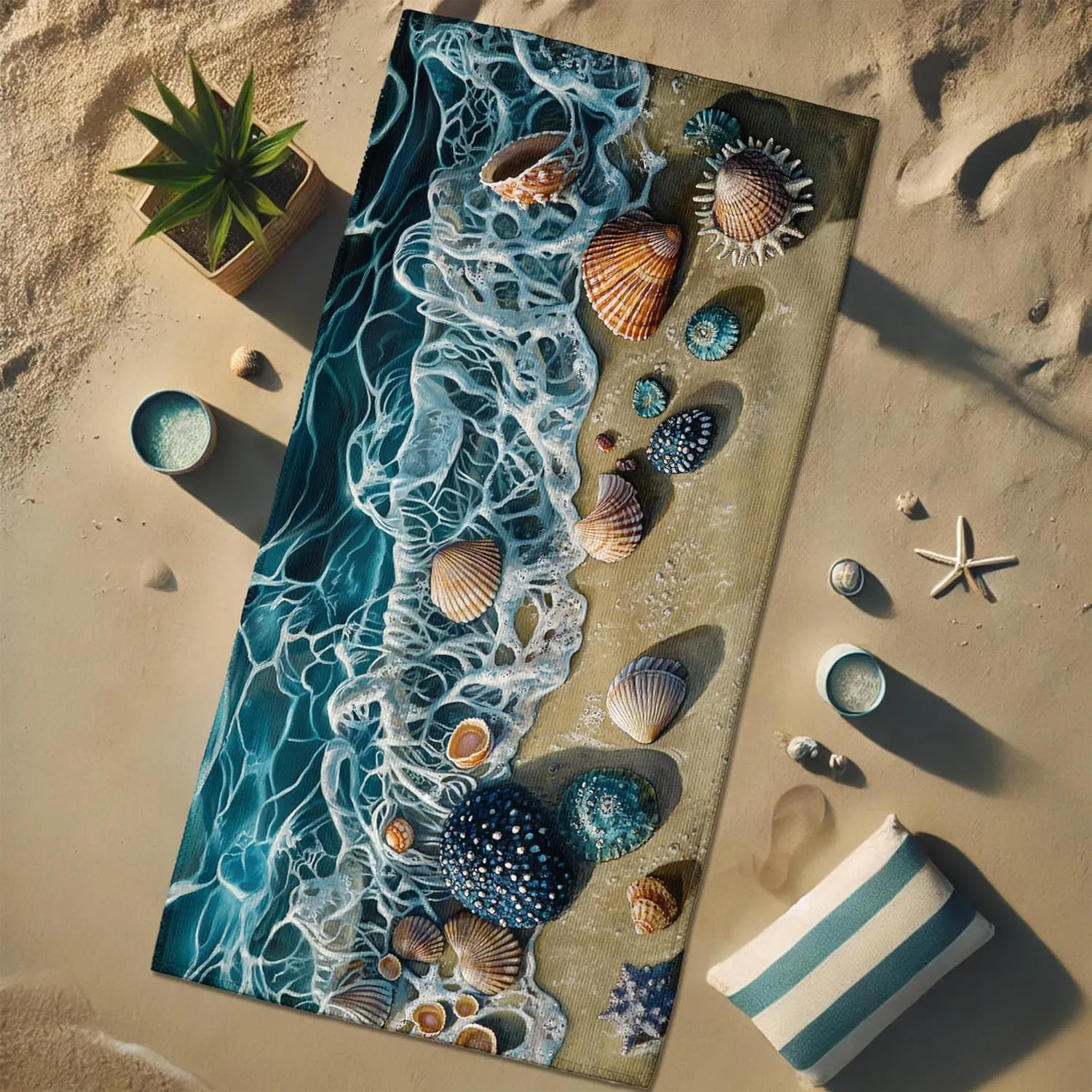 Seashell Microfiber Beach Towel Ocean Blue Nautical Design Quick Dry Soft Sand Free Beach Blanket, Pool Picnic Essentials 62x31 Inch