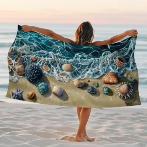 Seashell Microfiber Beach Towel Ocean Blue Nautical Design Quick Dry Soft Sand Free Beach Blanket, Pool Picnic Essentials 62x31 Inch