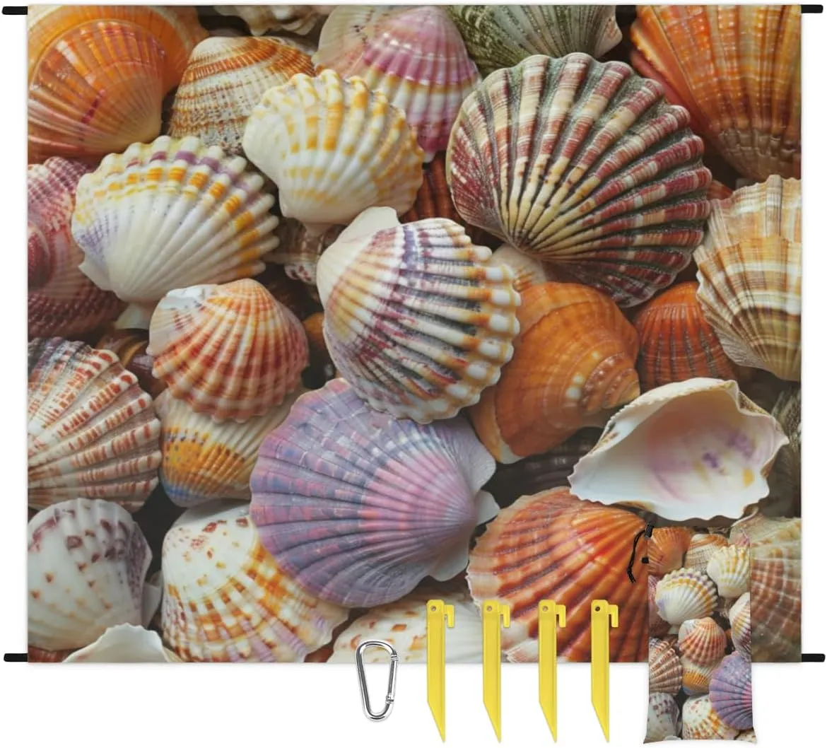 Seashells Beach Blanket, Sandproof Beach Mat, Adults Waterproof Quick Drying Sand Free Mat with 4 x Ground Spikes for Outdoor Travel Camping Hiking, Beach Themed