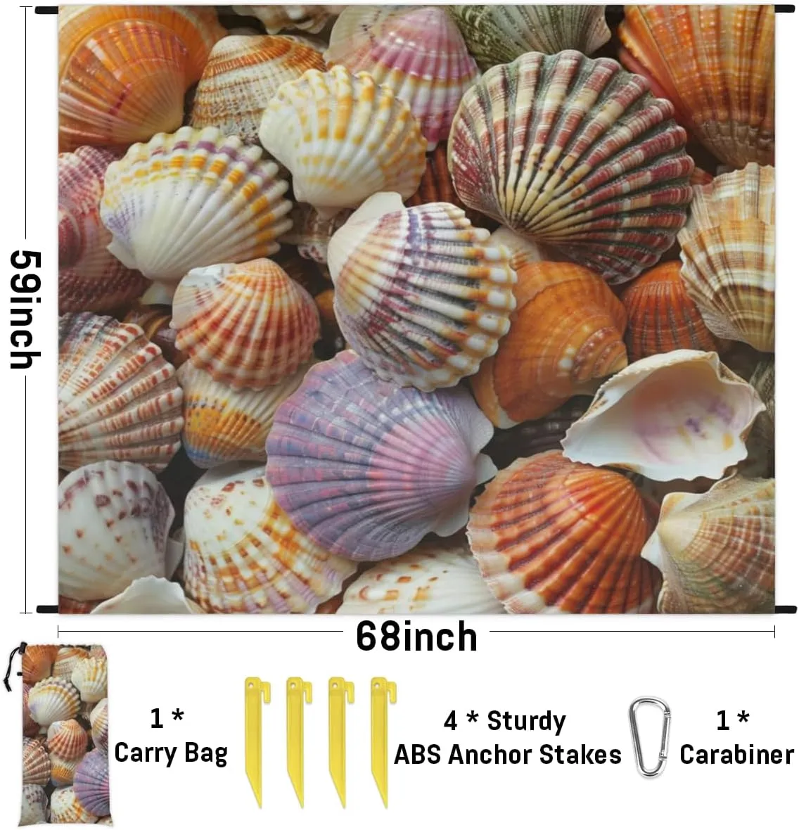 Seashells Beach Blanket, Sandproof Beach Mat, Adults Waterproof Quick Drying Sand Free Mat with 4 x Ground Spikes for Outdoor Travel Camping Hiking, Beach Themed