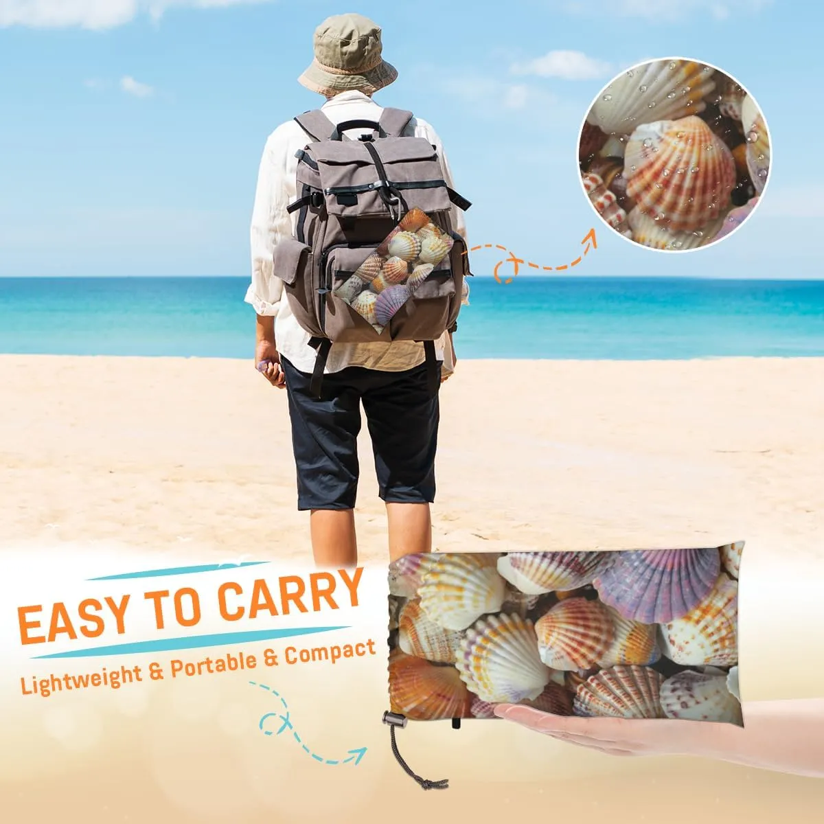 Seashells Beach Blanket, Sandproof Beach Mat, Adults Waterproof Quick Drying Sand Free Mat with 4 x Ground Spikes for Outdoor Travel Camping Hiking, Beach Themed