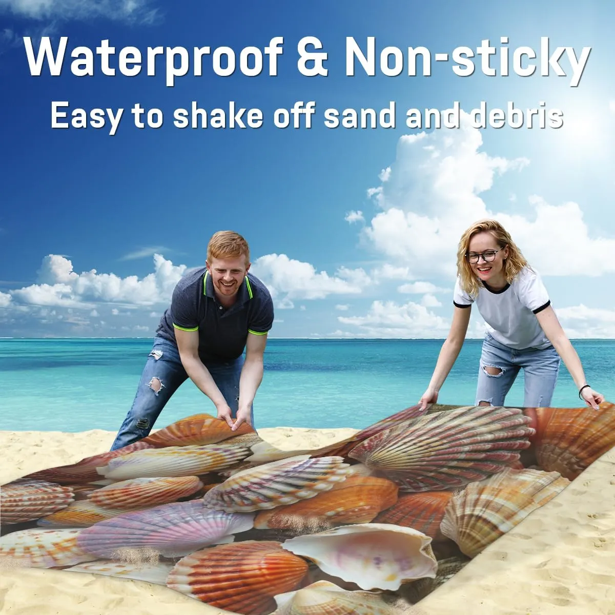 Seashells Beach Blanket, Sandproof Beach Mat, Adults Waterproof Quick Drying Sand Free Mat with 4 x Ground Spikes for Outdoor Travel Camping Hiking, Beach Themed
