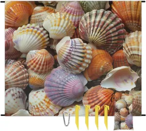 Seashells Beach Blanket, Sandproof Beach Mat, Adults Waterproof Quick Drying Sand Free Mat with 4 x Ground Spikes for Outdoor Travel Camping Hiking, Beach Themed
