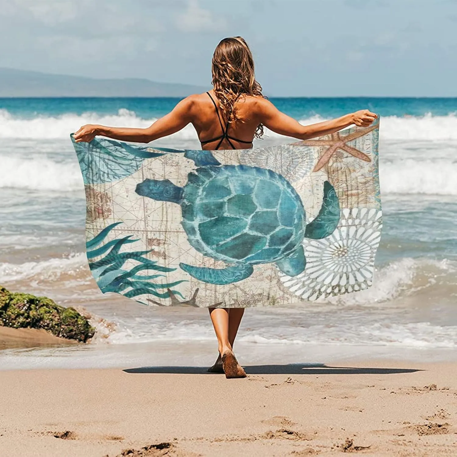 senya Beach Towel Beach Blanket Mat 71”x 31” Sea Turtle Lives Coral Pool Towel Portable for Beach Festival Picnic Travel Outdoor Camping