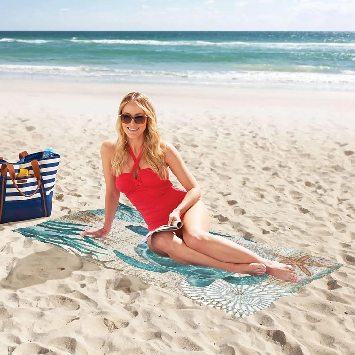 senya Beach Towel Beach Blanket Mat 71”x 31” Sea Turtle Lives Coral Pool Towel Portable for Beach Festival Picnic Travel Outdoor Camping