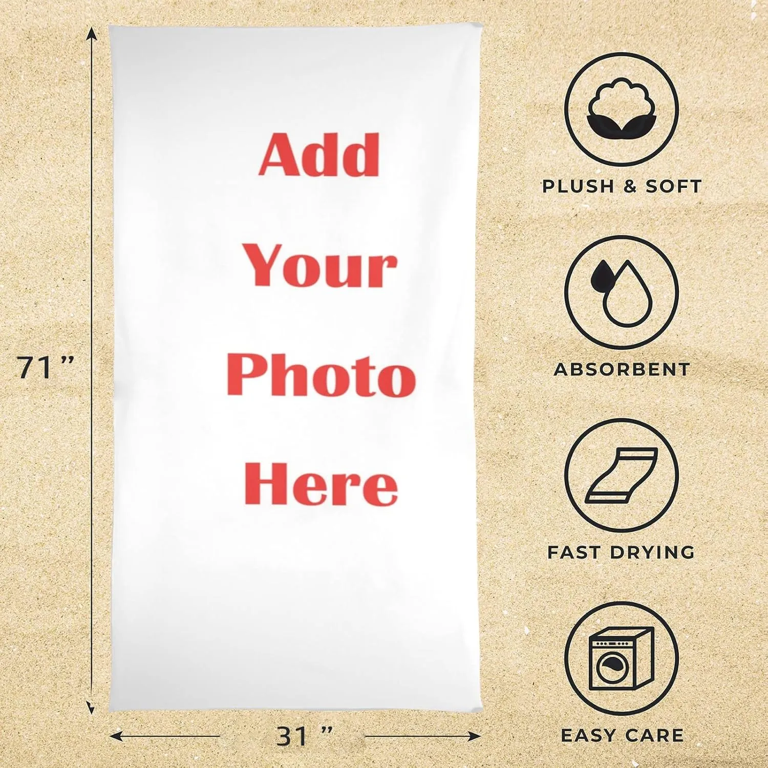 senya Custom Beach Towel - Add Your Photo -Beach Blanket Mat 71”x 31” Pool Towel Portable for Beach Festival Picnic Travel Outdoor Camping
