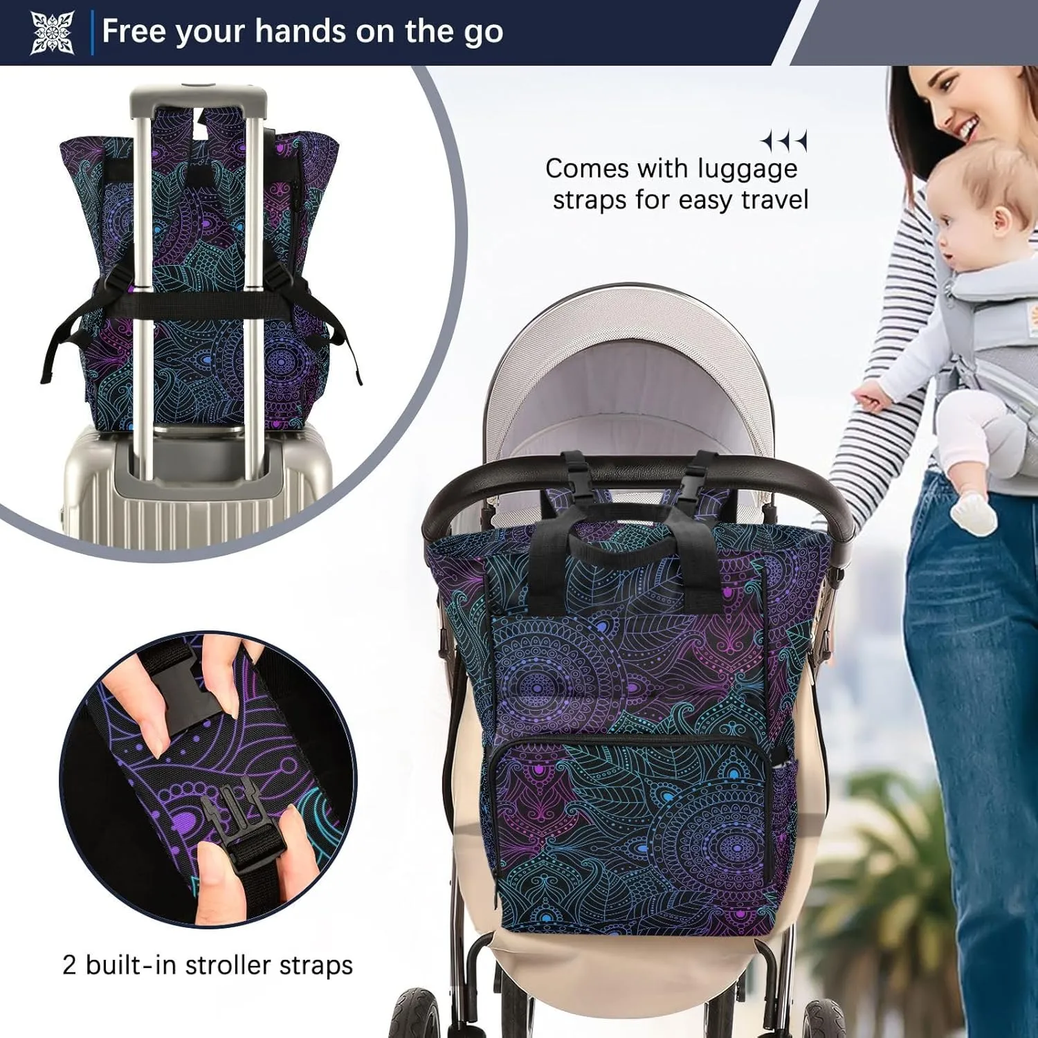senya Diaper Bag Backpack, Art Arabesque Mandala Boho Ethnic Bohemian Multifunction Travel Bag for Moms Dads