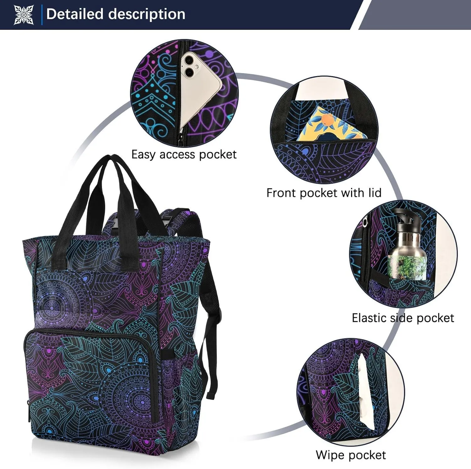 senya Diaper Bag Backpack, Art Arabesque Mandala Boho Ethnic Bohemian Multifunction Travel Bag for Moms Dads