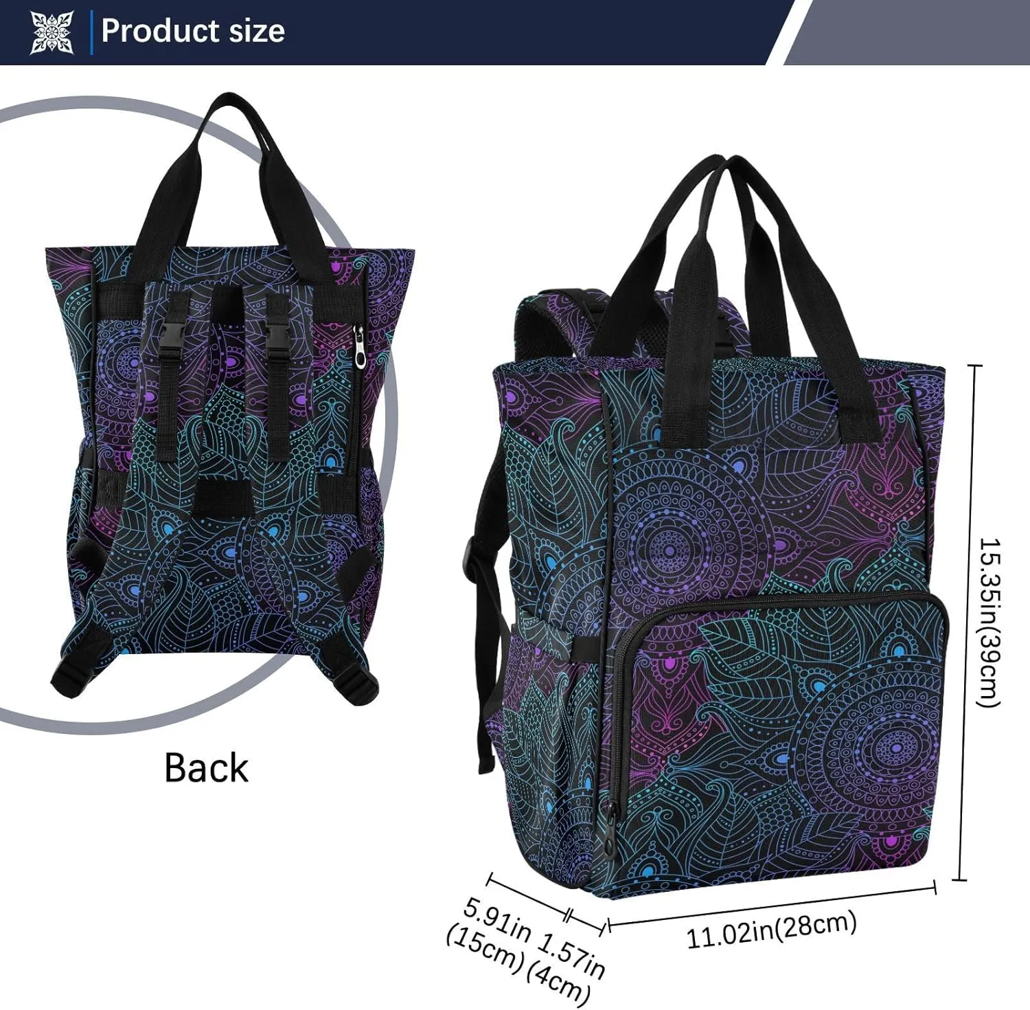 senya Diaper Bag Backpack, Art Arabesque Mandala Boho Ethnic Bohemian Multifunction Travel Bag for Moms Dads