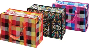 Set of 3pc Thick,Strong & Durable Storage Laundry Shopping Bags W. Zipper,Side Pocket with strong Handle for Travelling,Moving,Camping,Size:19.75L X 14H X 7.5W Inch Assorted Design & Colors