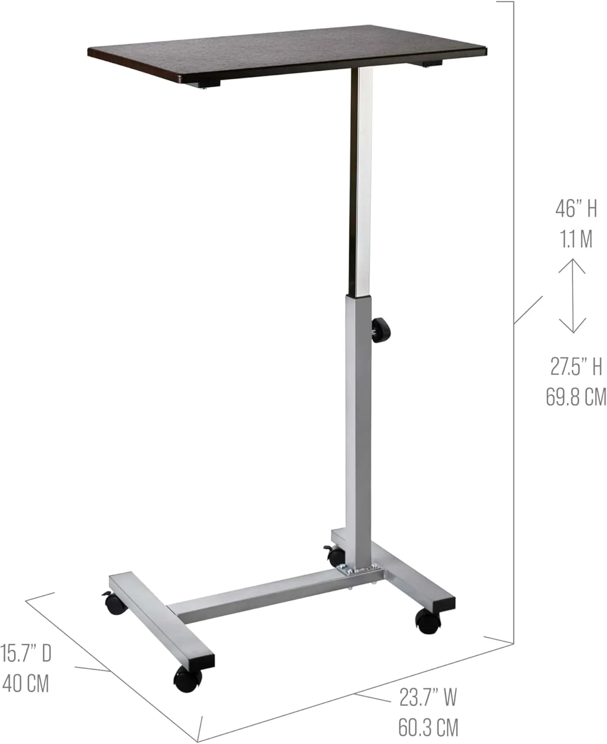 Seville Classics Airlift Height Adjustable Mobile Rolling Laptop Cart Computer Workstation Desk Table for Home, Office, Classroom, Hospital, w/Wheels, Overbed Sit Stand (24"), Espresso