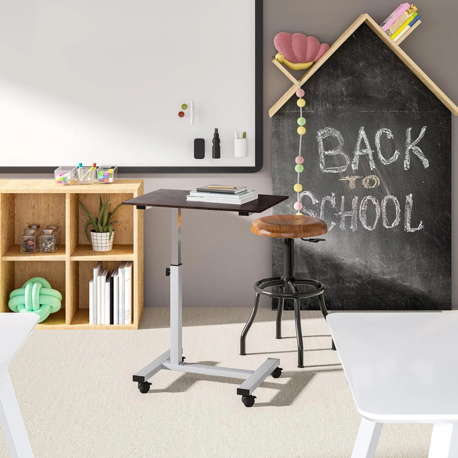 Seville Classics Airlift Height Adjustable Mobile Rolling Laptop Cart Computer Workstation Desk Table for Home, Office, Classroom, Hospital, w/Wheels, Overbed Sit Stand (24"), Espresso