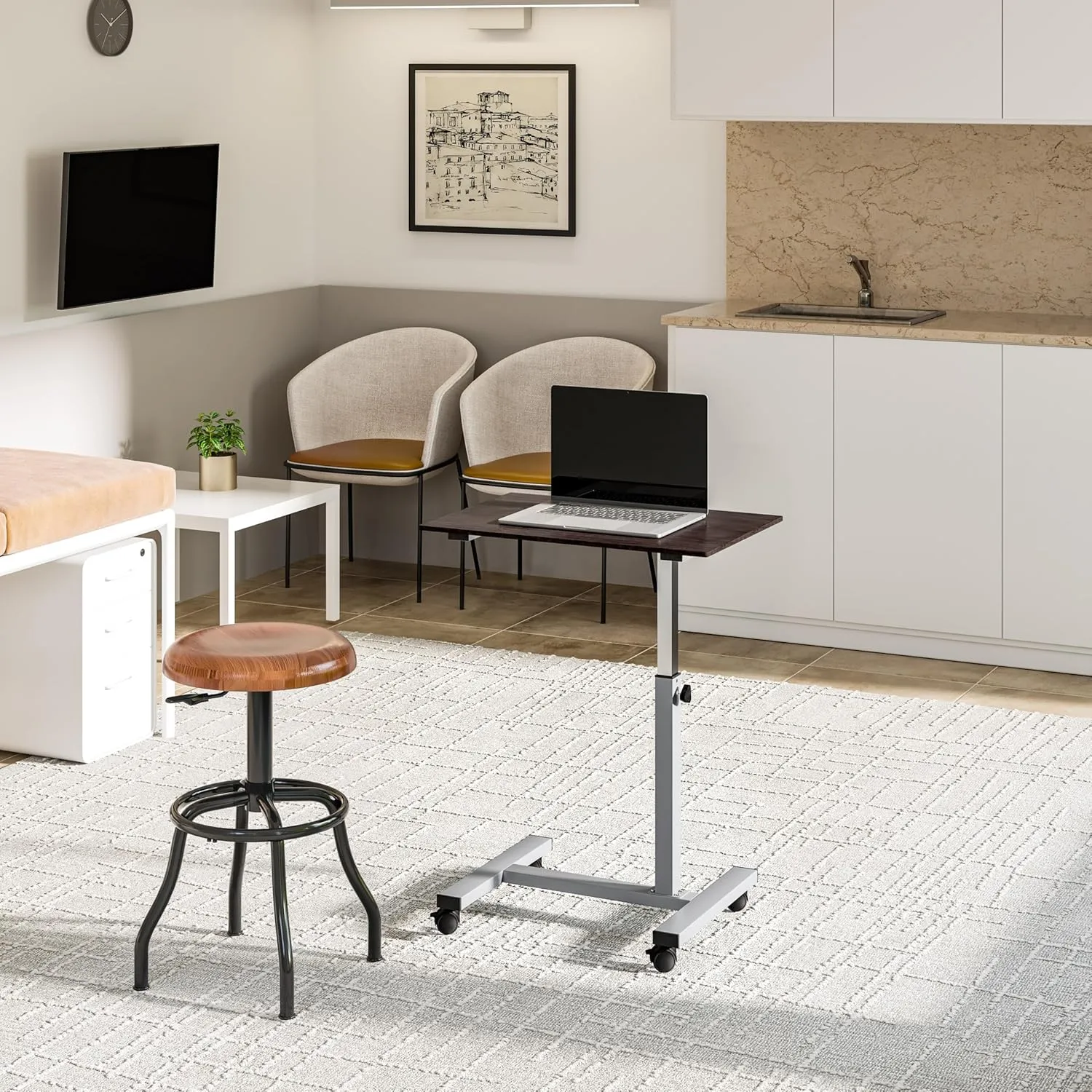 Seville Classics Airlift Height Adjustable Mobile Rolling Laptop Cart Computer Workstation Desk Table for Home, Office, Classroom, Hospital, w/Wheels, Overbed Sit Stand (24"), Espresso